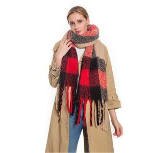 Wide Plaid Accent Scarf – Tan/Red/Black Oversized Wrap – NWT